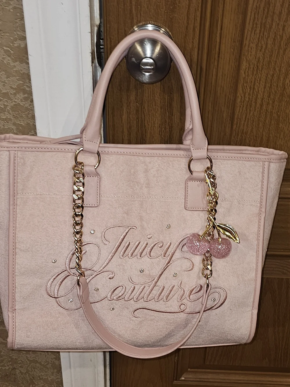 Juicy Couture Pale Pink Velvet Tote with Gold Chain & Cherry Charm